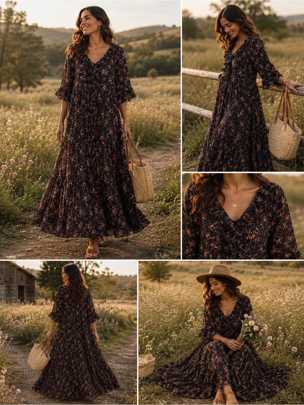 Floral Boho Maxi Dress Ruffle Tiered Cottagecore Prairie Romantic Black Pink L